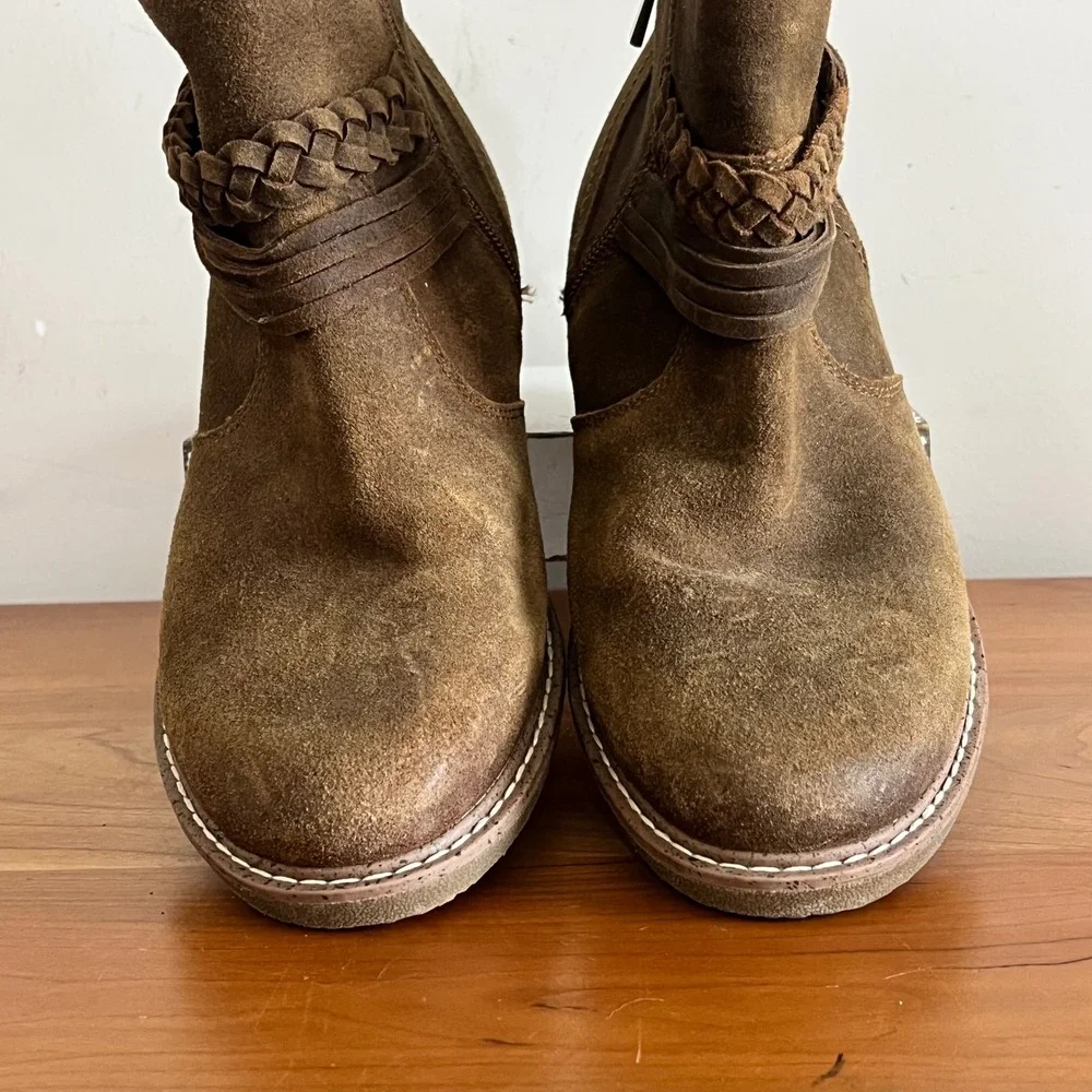 Earth Jeno Brown Suede Leather Braided Ankle Boots‎ Womens 6.5 M ETJENO